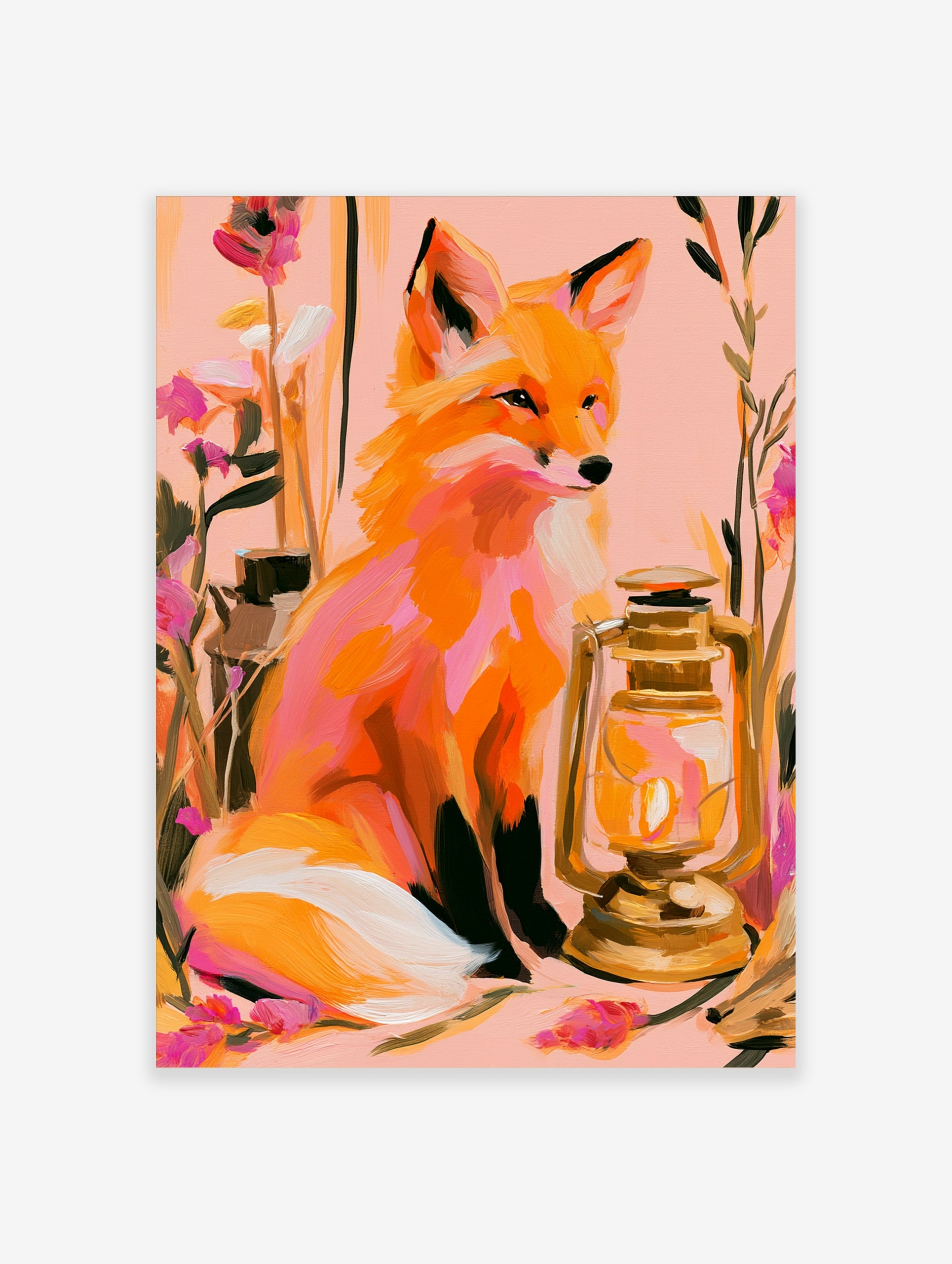 Fox with lantern and botanical flowers art print on a soft pink background