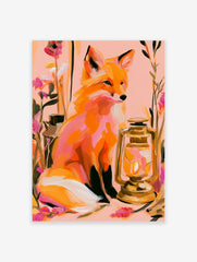 Fox with lantern and botanical flowers art print on a soft pink background