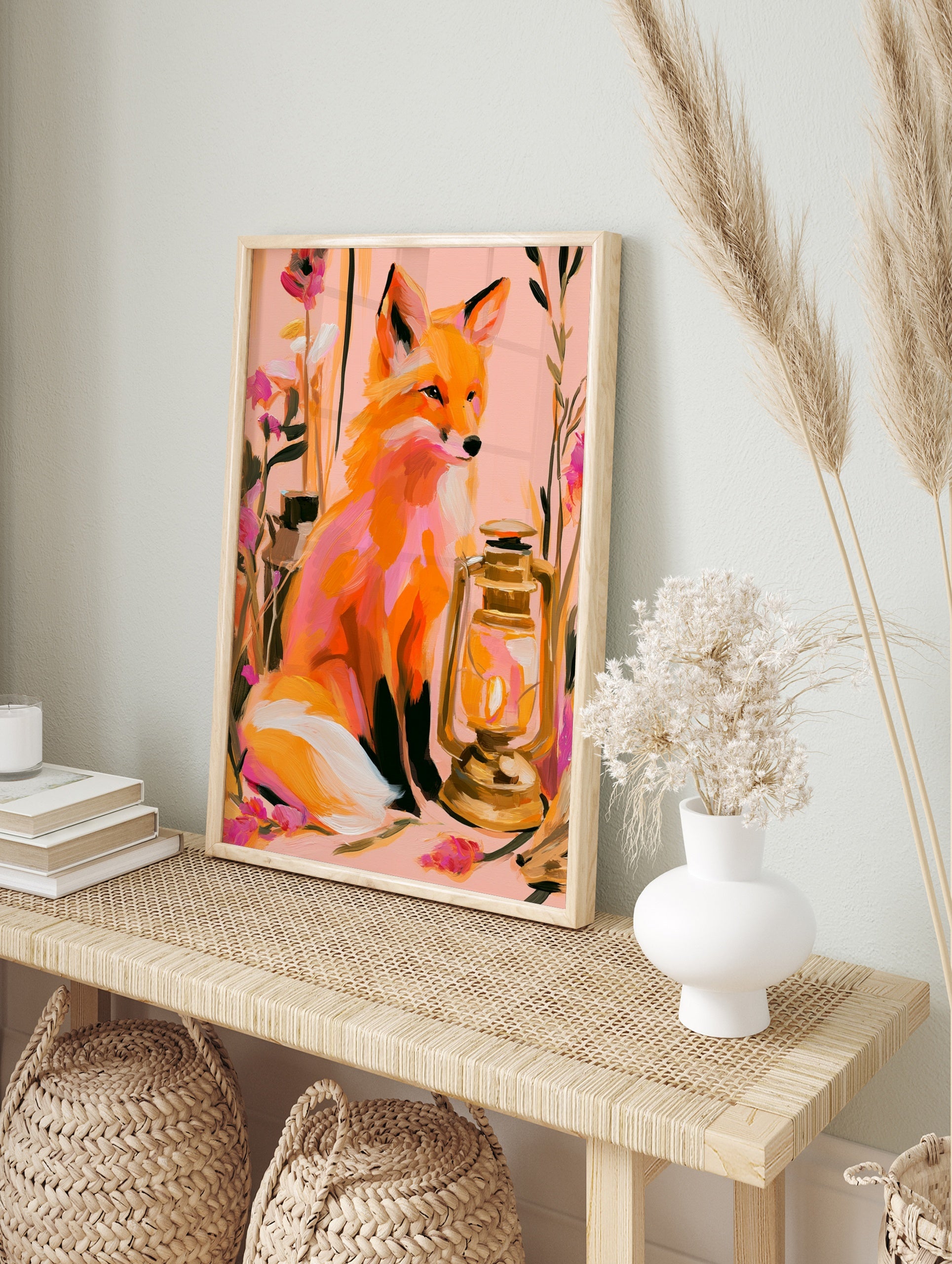 Fox with lantern and botanical flowers art print on a soft pink background, in an alternate framed mockup
