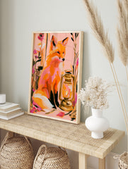 Fox with lantern and botanical flowers art print on a soft pink background, in an alternate framed mockup