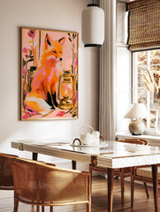 Fox with lantern and botanical flowers art print on a soft pink background, in a styled room mockup