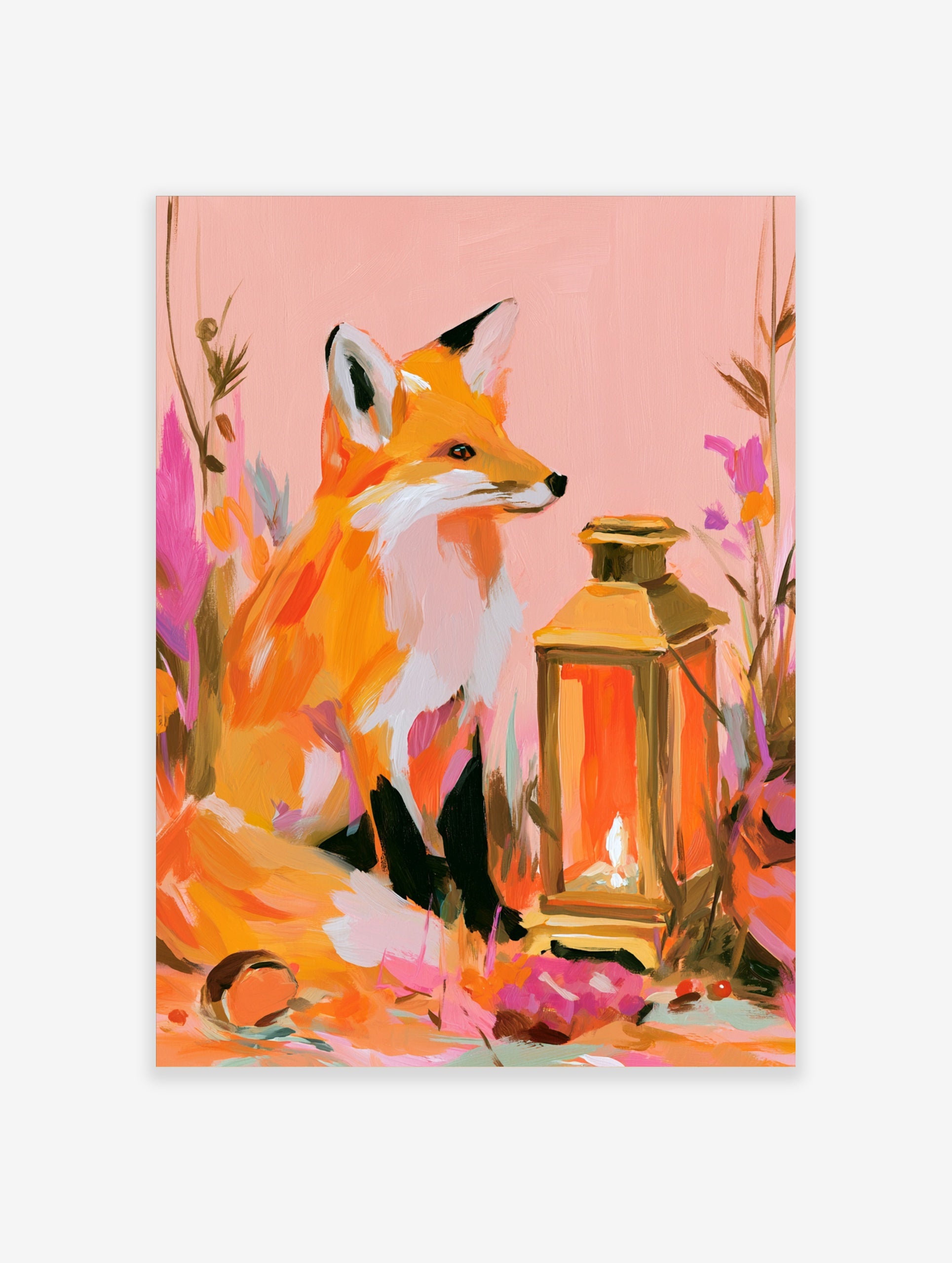 Illustrative fox sitting next to a glowing lantern with colourful abstract flowers, pink and orange art print