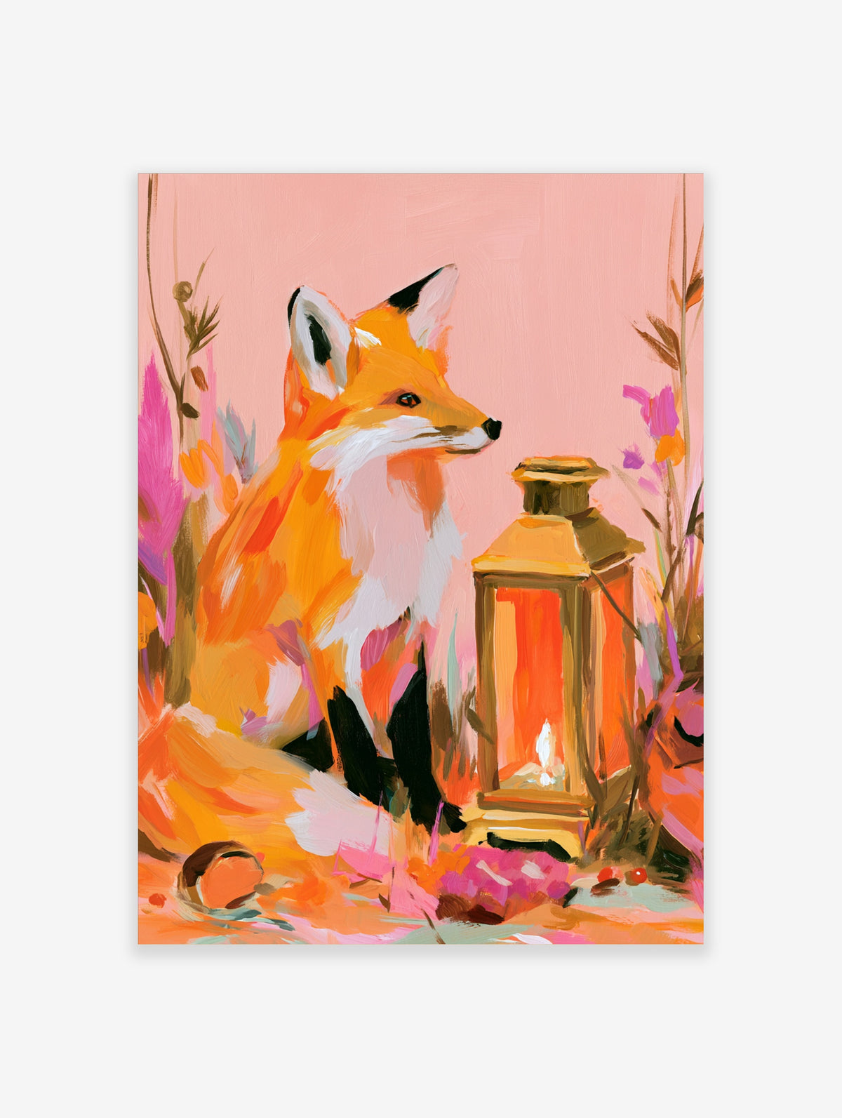 Illustrative fox sitting next to a glowing lantern with colourful abstract flowers, pink and orange art print