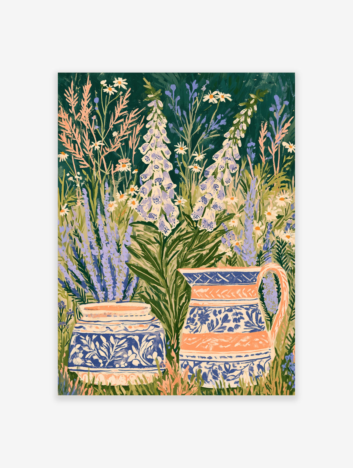 Foxglove and daisy botanical poster with blue and white patterned jug and vase on deep green background