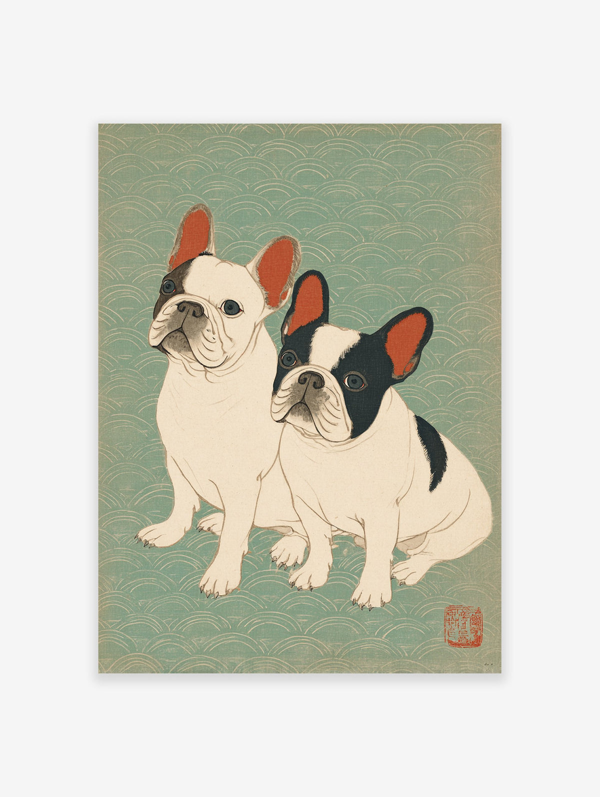 Japanese Ukiyo-e style art print featuring two French Bulldogs, one white and one black & white, on a teal wave background.