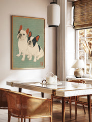 Japanese Ukiyo-e style art print featuring two French Bulldogs, one white and one black & white, on a teal wave background. - Image 2