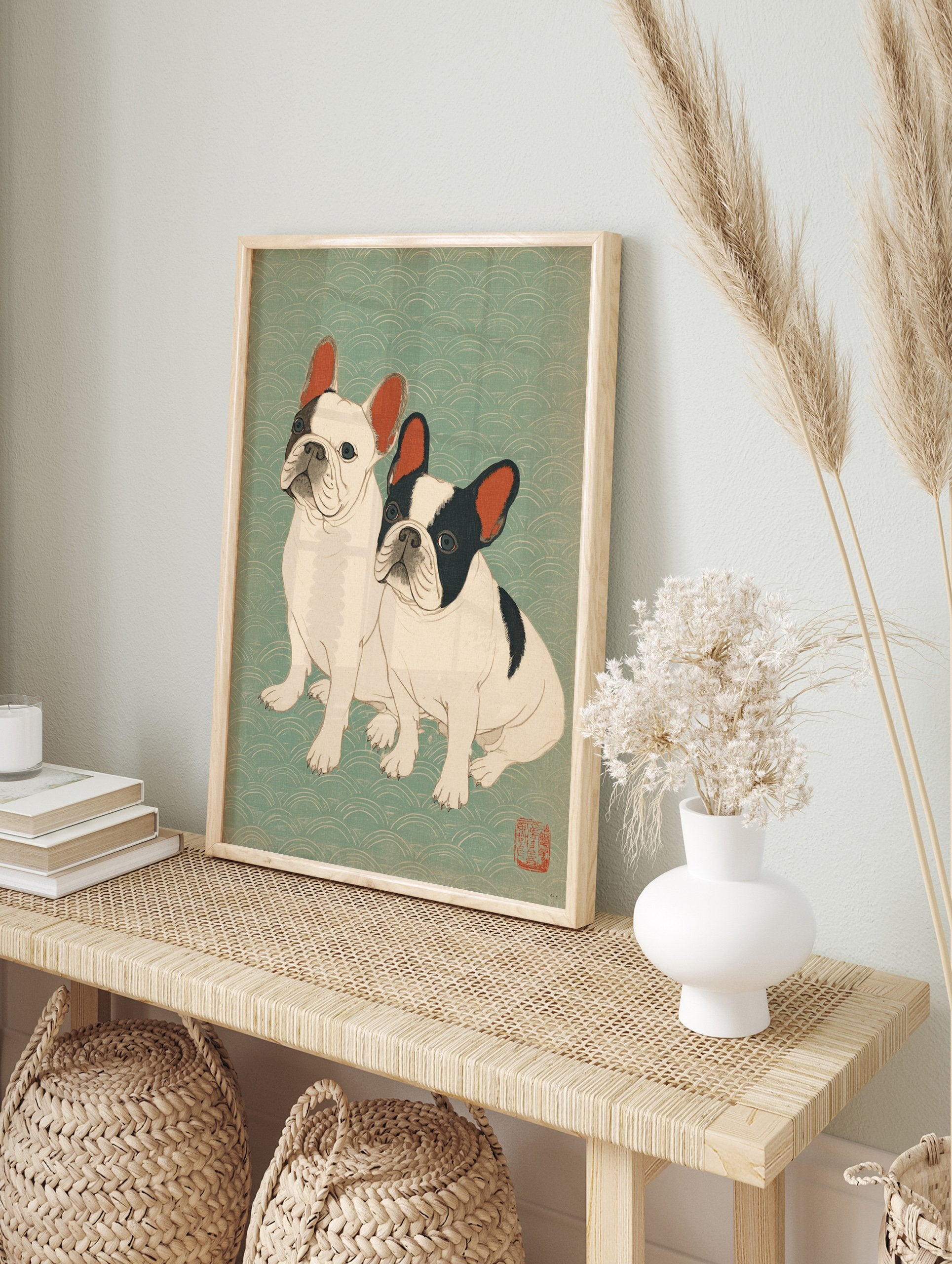 Japanese Ukiyo-e style art print featuring two French Bulldogs, one white and one black & white, on a teal wave background. - Image 3