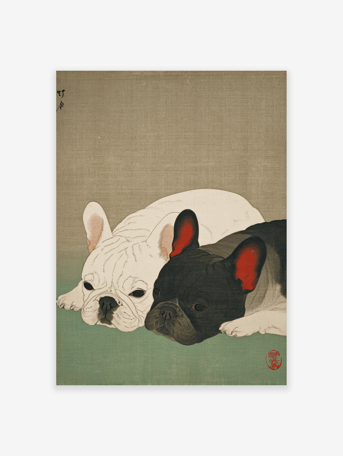 Japanese style French Bulldog art print featuring a white and black French Bulldog lying down on a green surface.