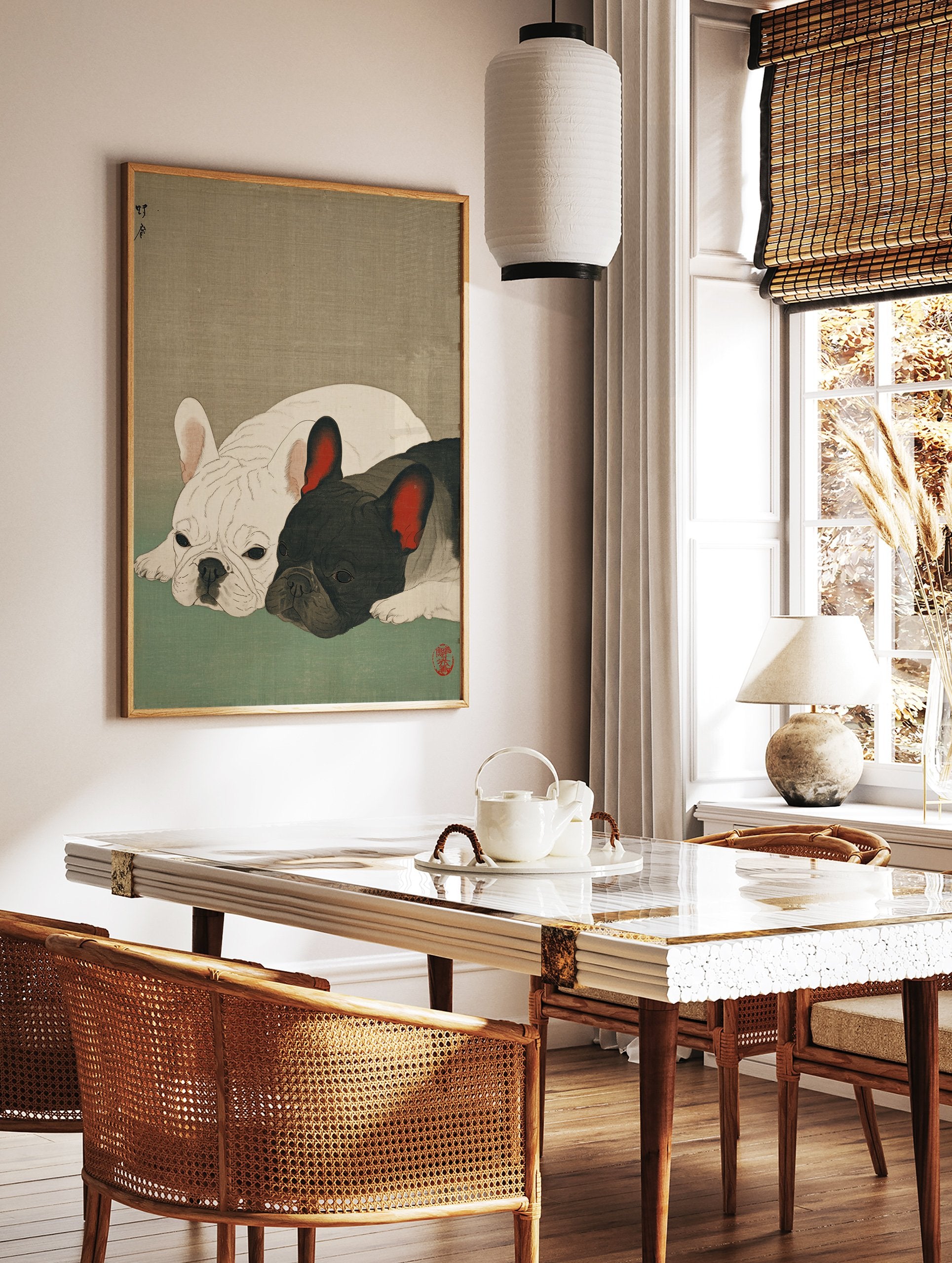 Japanese style French Bulldog art print featuring a white and black French Bulldog lying down on a green surface. - Image 2