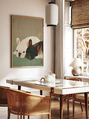 Japanese style French Bulldog art print featuring a white and black French Bulldog lying down on a green surface. - Image 2