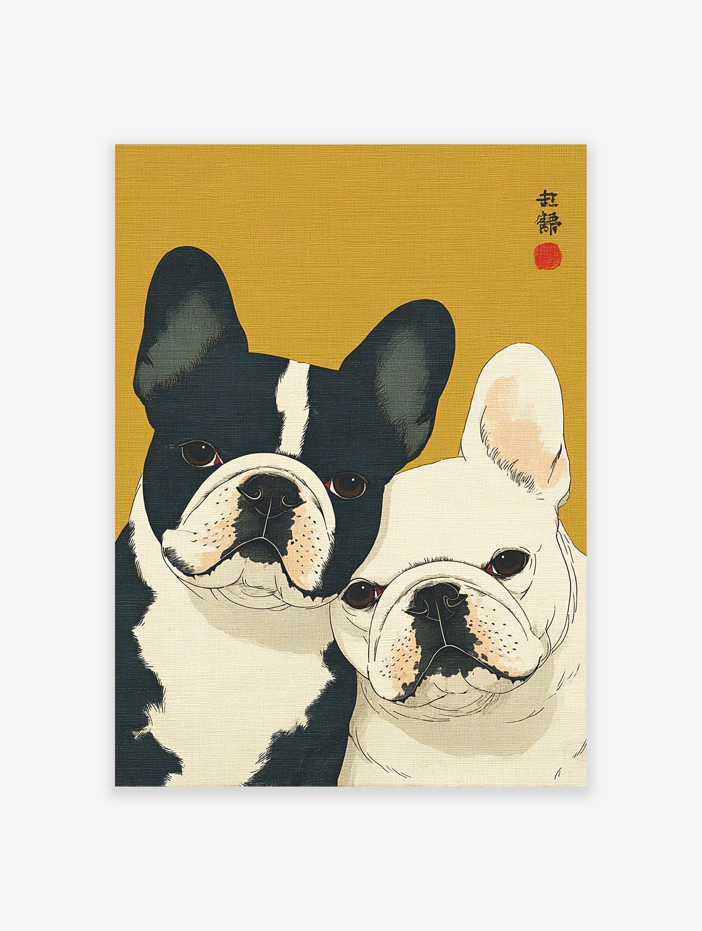 Japanese style French Bulldog art print featuring one black and white, and one white French Bulldog on a mustard yellow background.