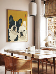 Japanese style French Bulldog art print featuring one black and white, and one white French Bulldog on a mustard yellow background. - Image 2