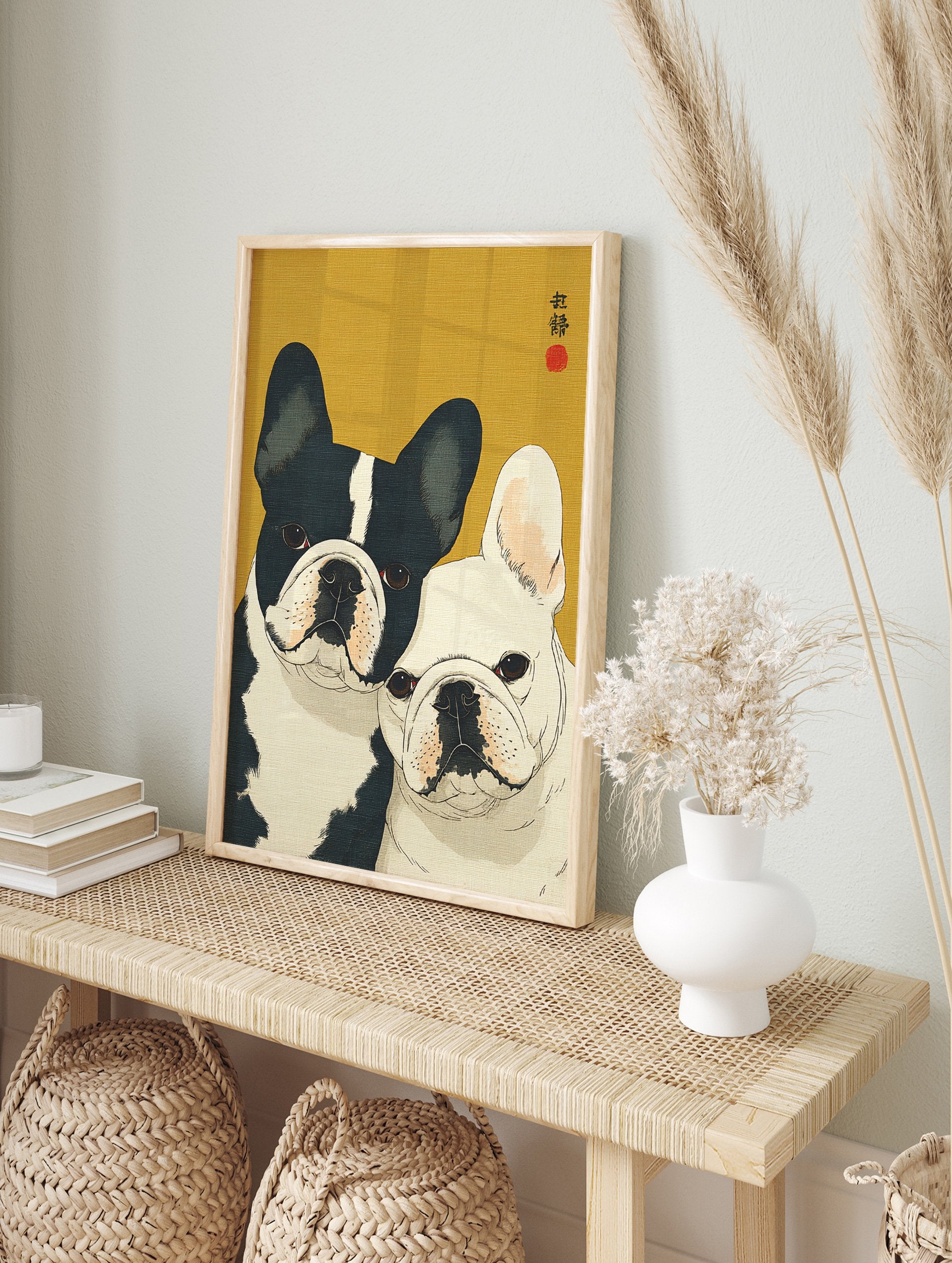 Japanese style French Bulldog art print featuring one black and white, and one white French Bulldog on a mustard yellow background. - Image 3