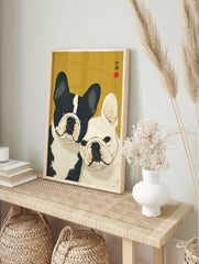 Japanese style French Bulldog art print featuring one black and white, and one white French Bulldog on a mustard yellow background. - Image 3