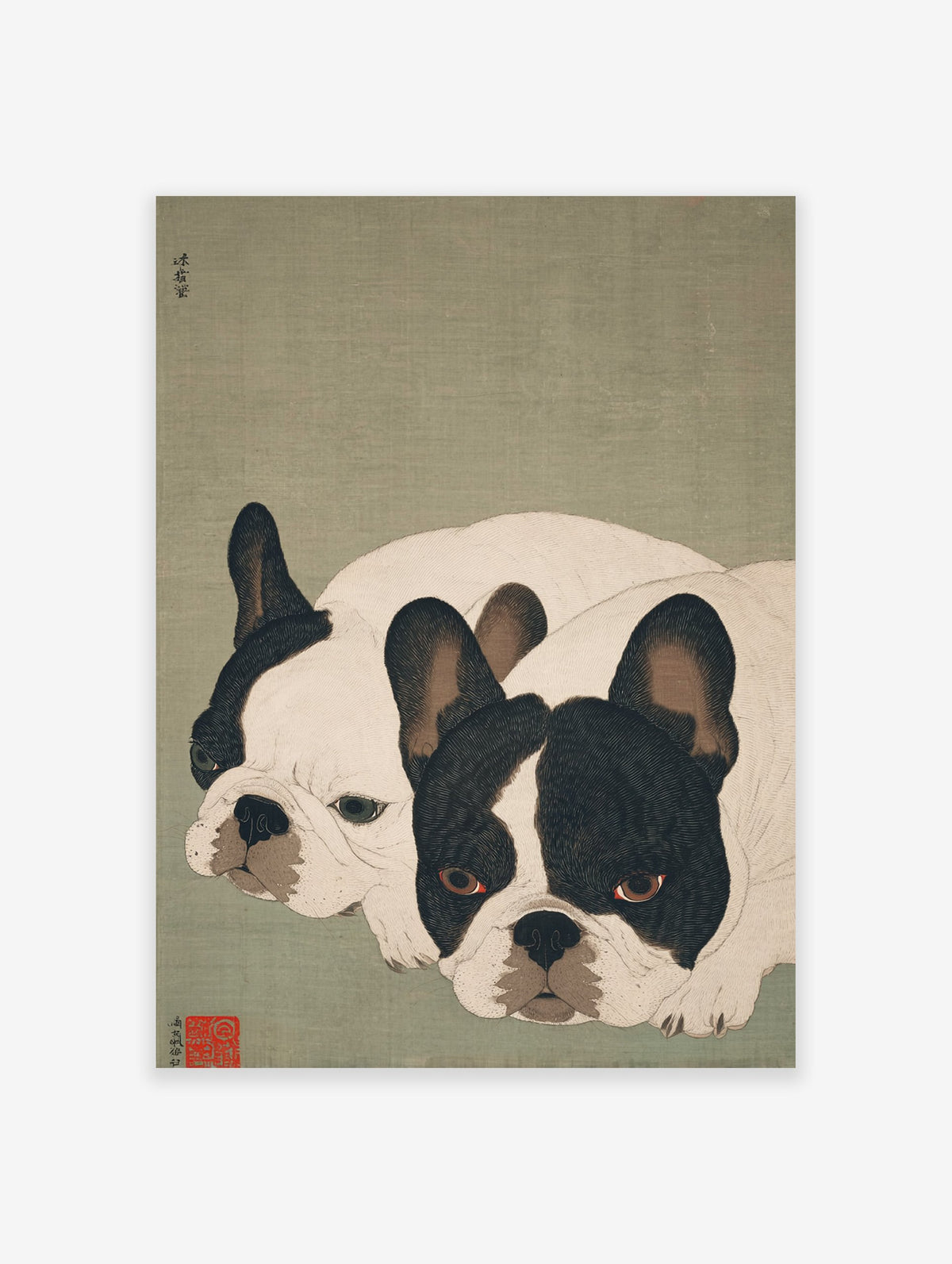 Japanese style French Bulldog art print featuring two black and white dogs lying down on a muted green background.
