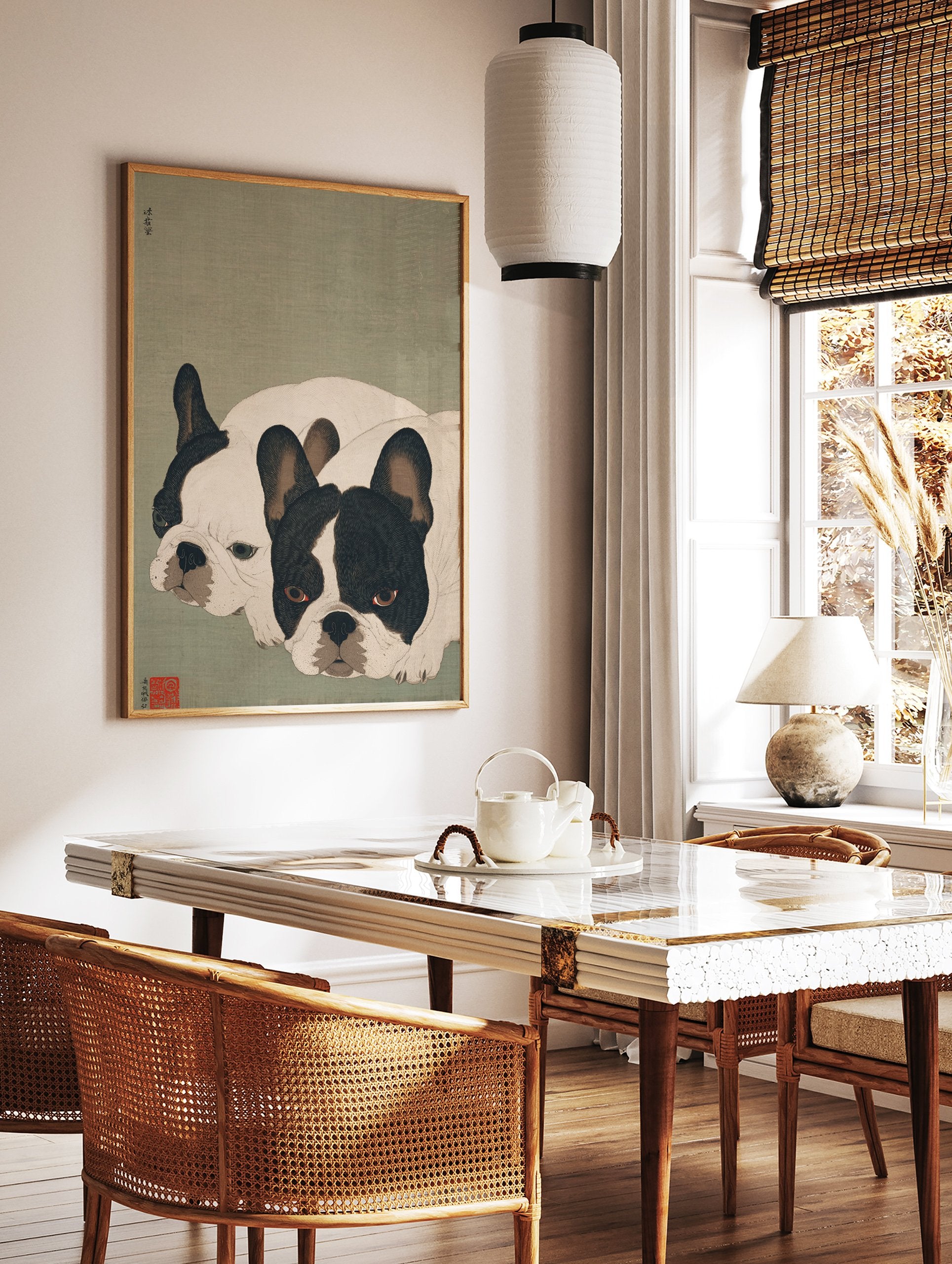 Japanese style French Bulldog art print featuring two black and white dogs lying down on a muted green background. - Image 2