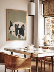 Japanese style French Bulldog art print featuring two black and white dogs lying down on a muted green background. - Image 2
