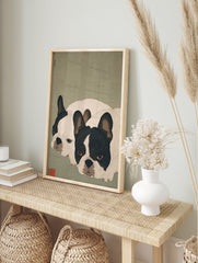 Japanese style French Bulldog art print featuring two black and white dogs lying down on a muted green background. - Image 3