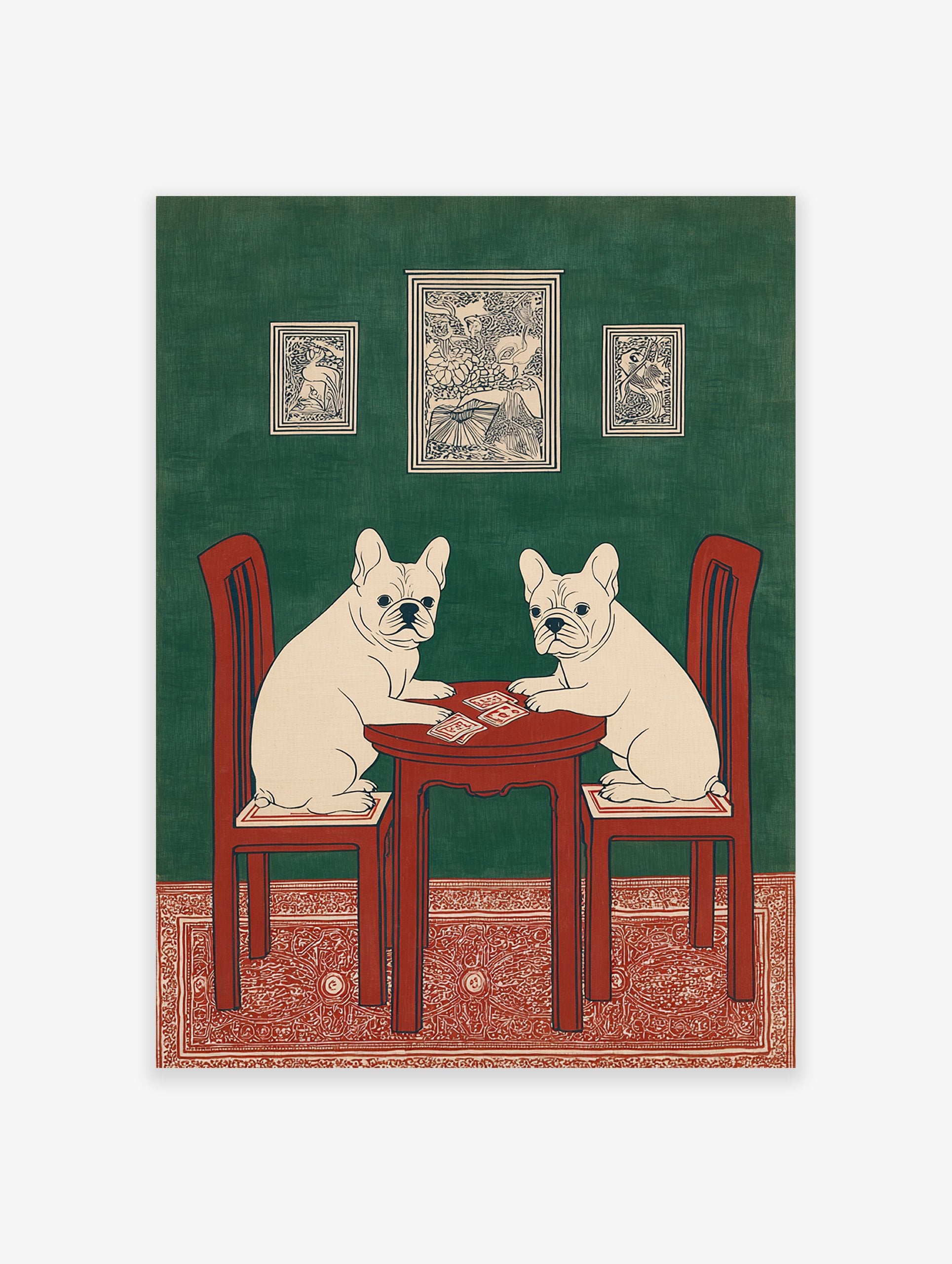 Illustrated French Bulldog wall art featuring two dogs playing cards at a red table against a green wall with a red rug.