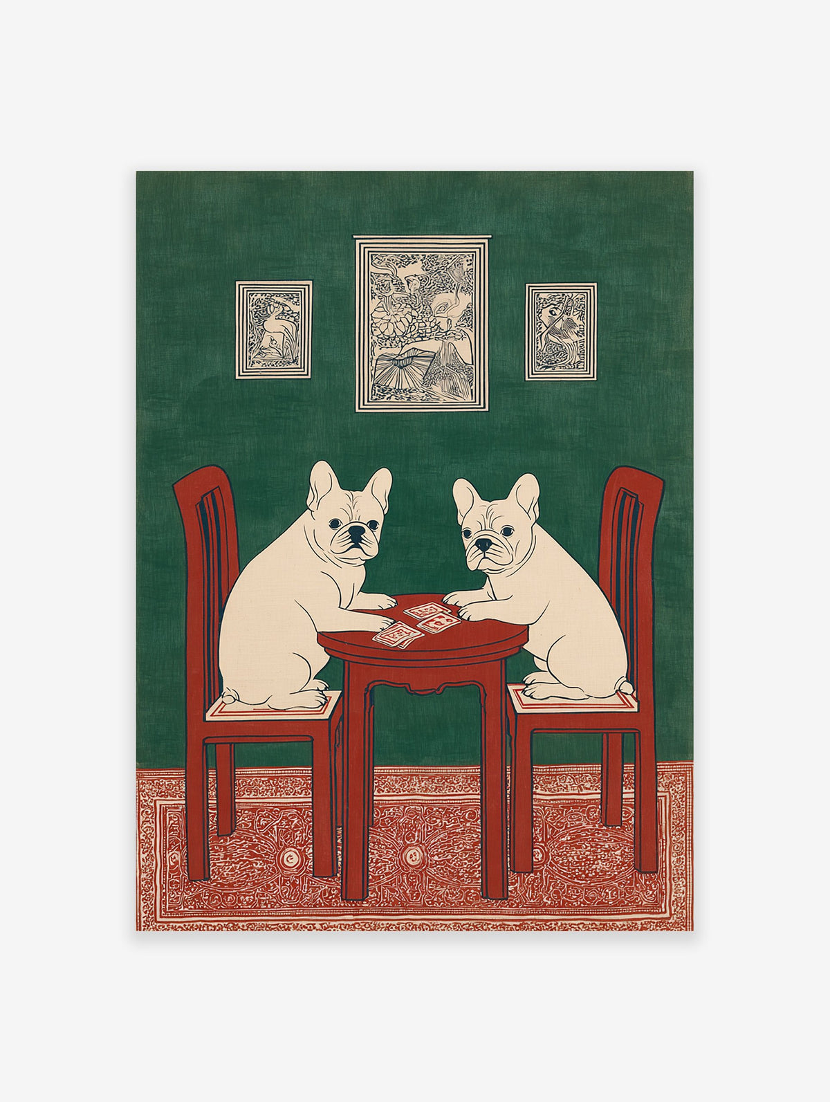 Illustrated French Bulldog wall art featuring two dogs playing cards at a red table against a green wall with a red rug.