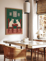 Illustrated French Bulldog wall art featuring two dogs playing cards at a red table against a green wall with a red rug. - Image 2