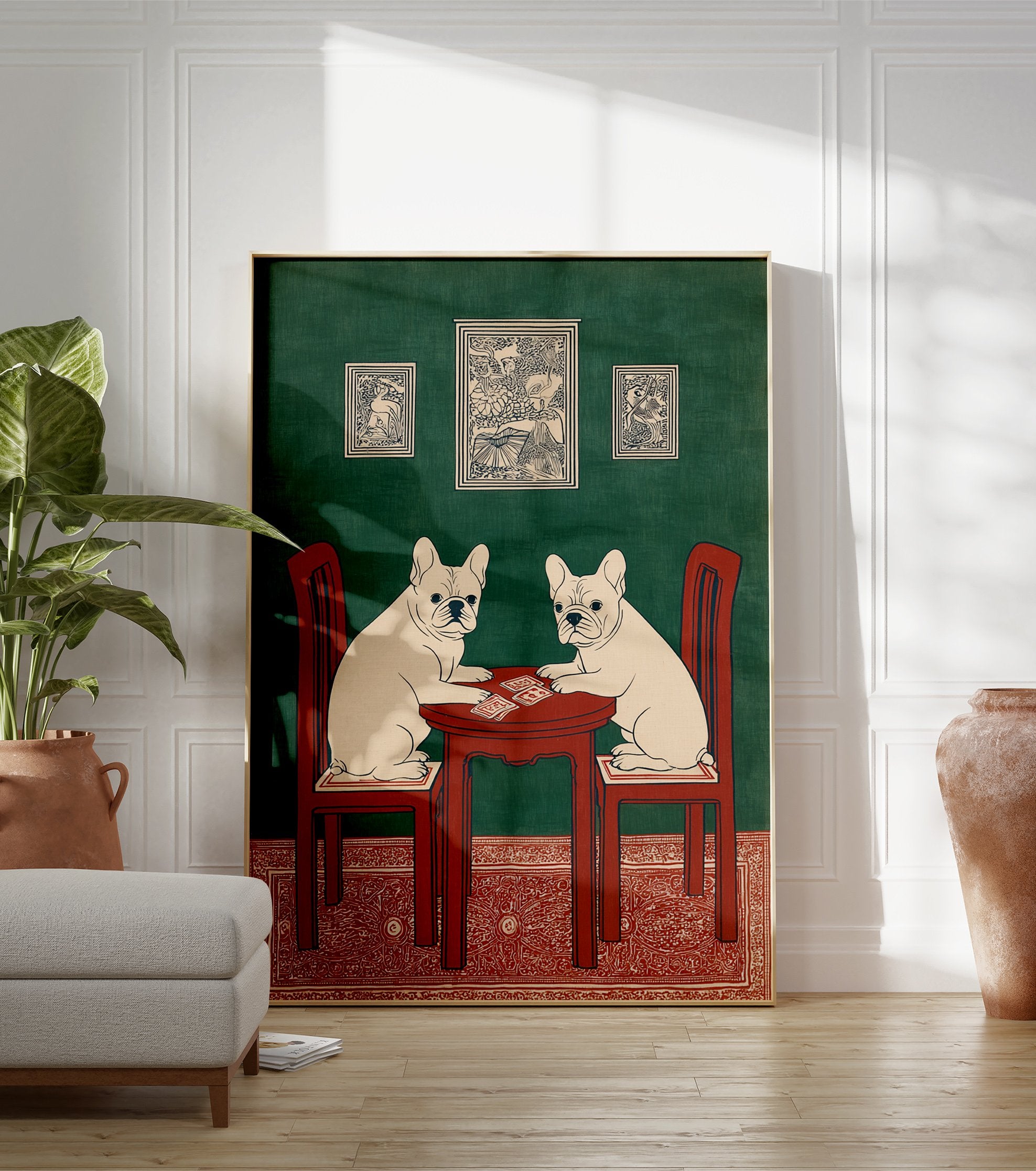 Illustrated French Bulldog wall art featuring two dogs playing cards at a red table against a green wall with a red rug. - Image 3