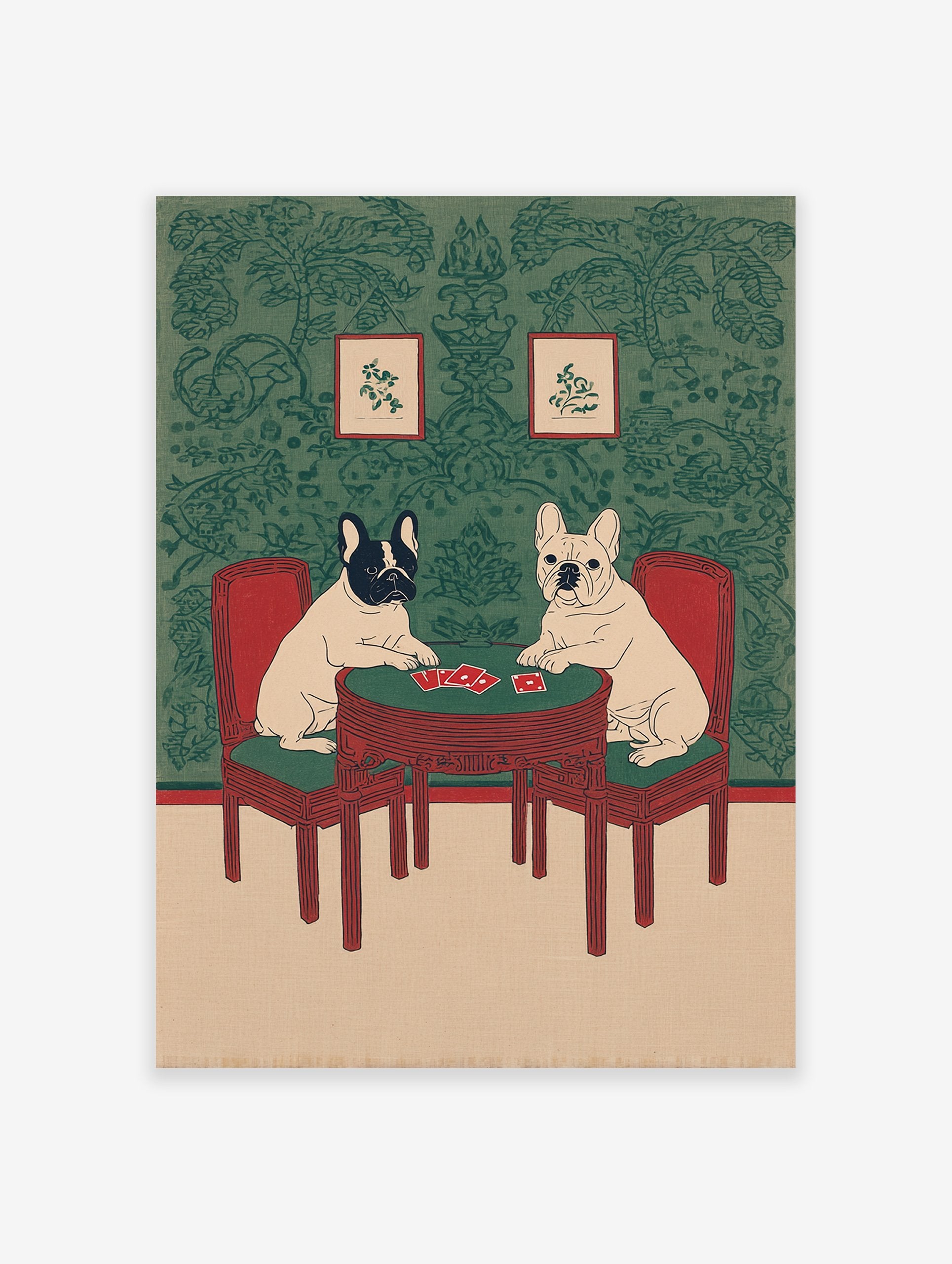 Illustrated French Bulldog wall art featuring two dogs playing cards at a red table against green patterned wallpaper.
