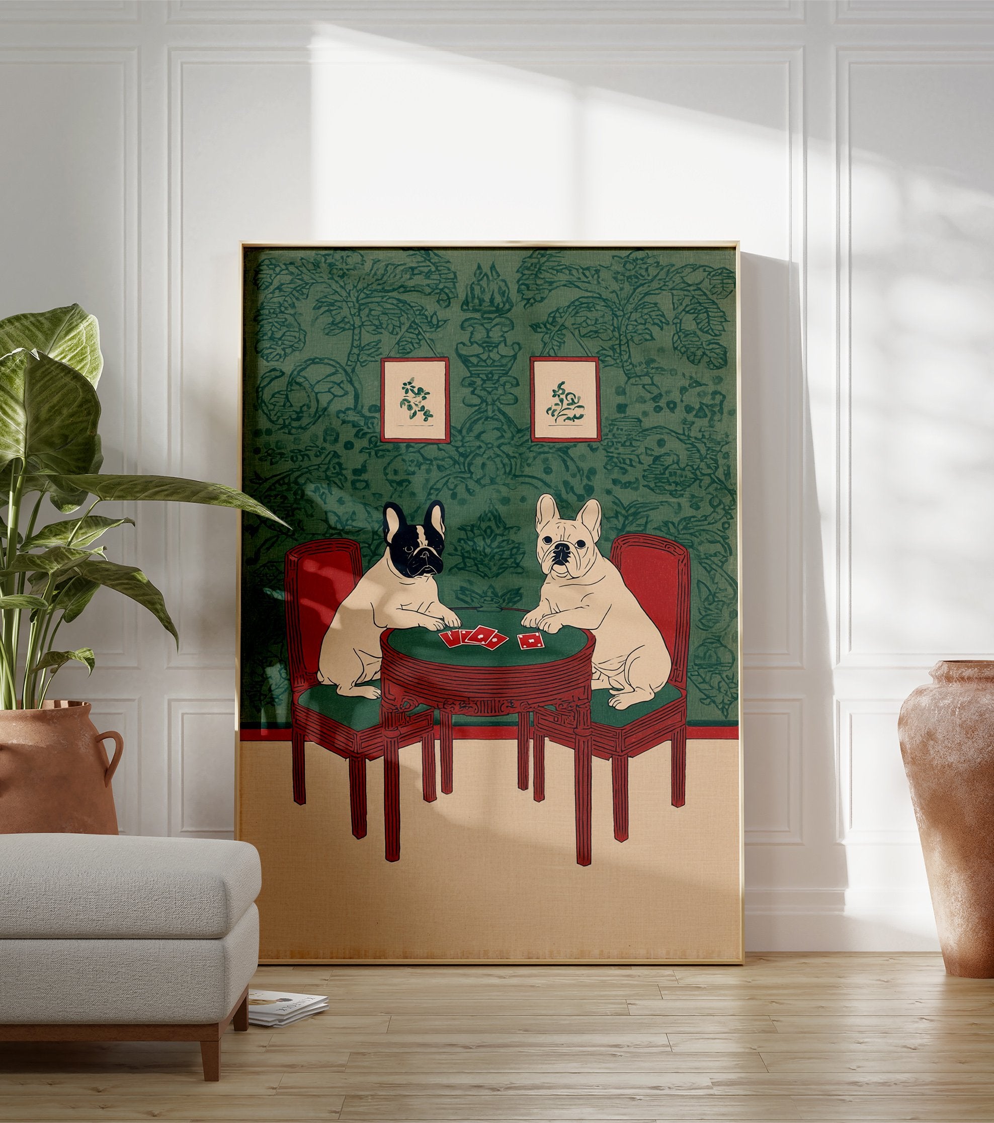 Illustrated French Bulldog wall art featuring two dogs playing cards at a red table against green patterned wallpaper. - Image 3