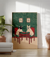 Illustrated French Bulldog wall art featuring two dogs playing cards at a red table against green patterned wallpaper. - Image 3
