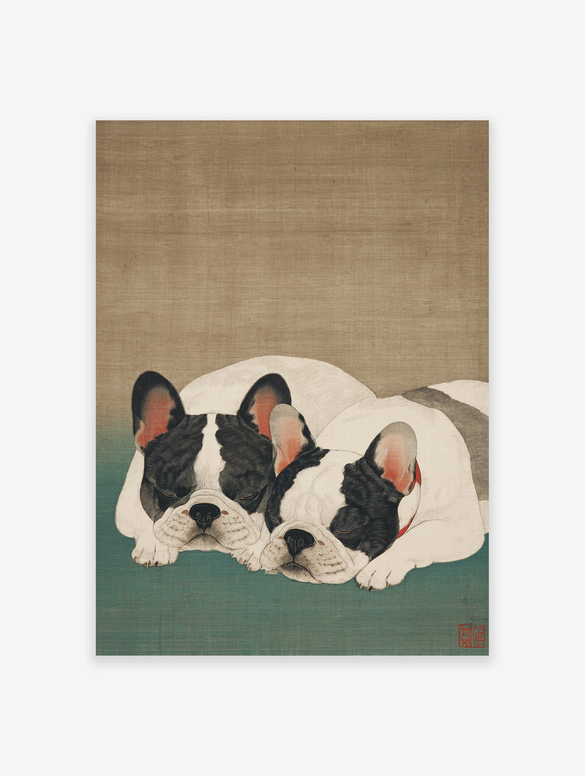Japanese style illustration of two sleeping black and white French Bulldogs on a green mat with a brown background.
