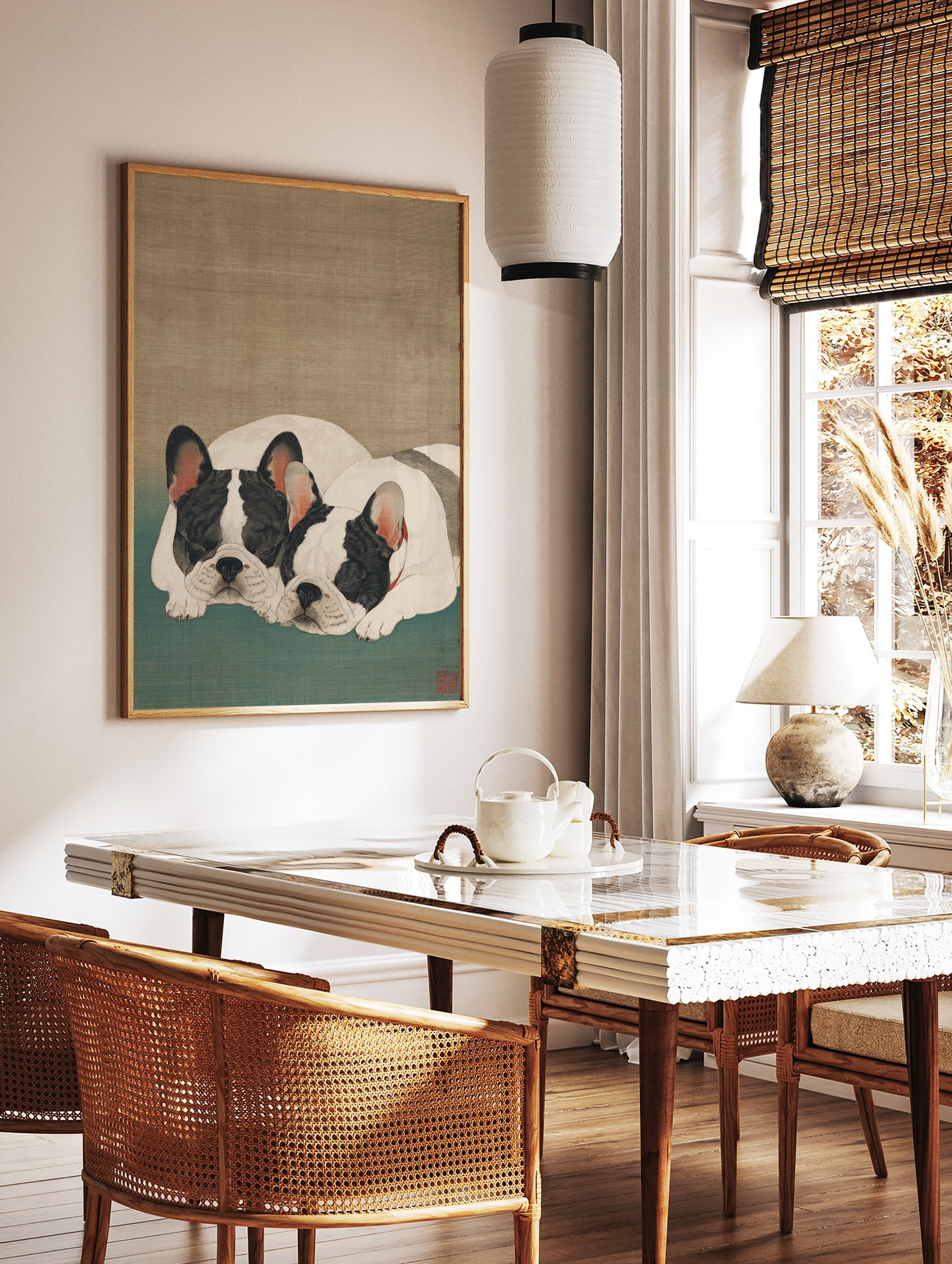 Japanese style illustration of two sleeping black and white French Bulldogs on a green mat with a brown background. - Image 2