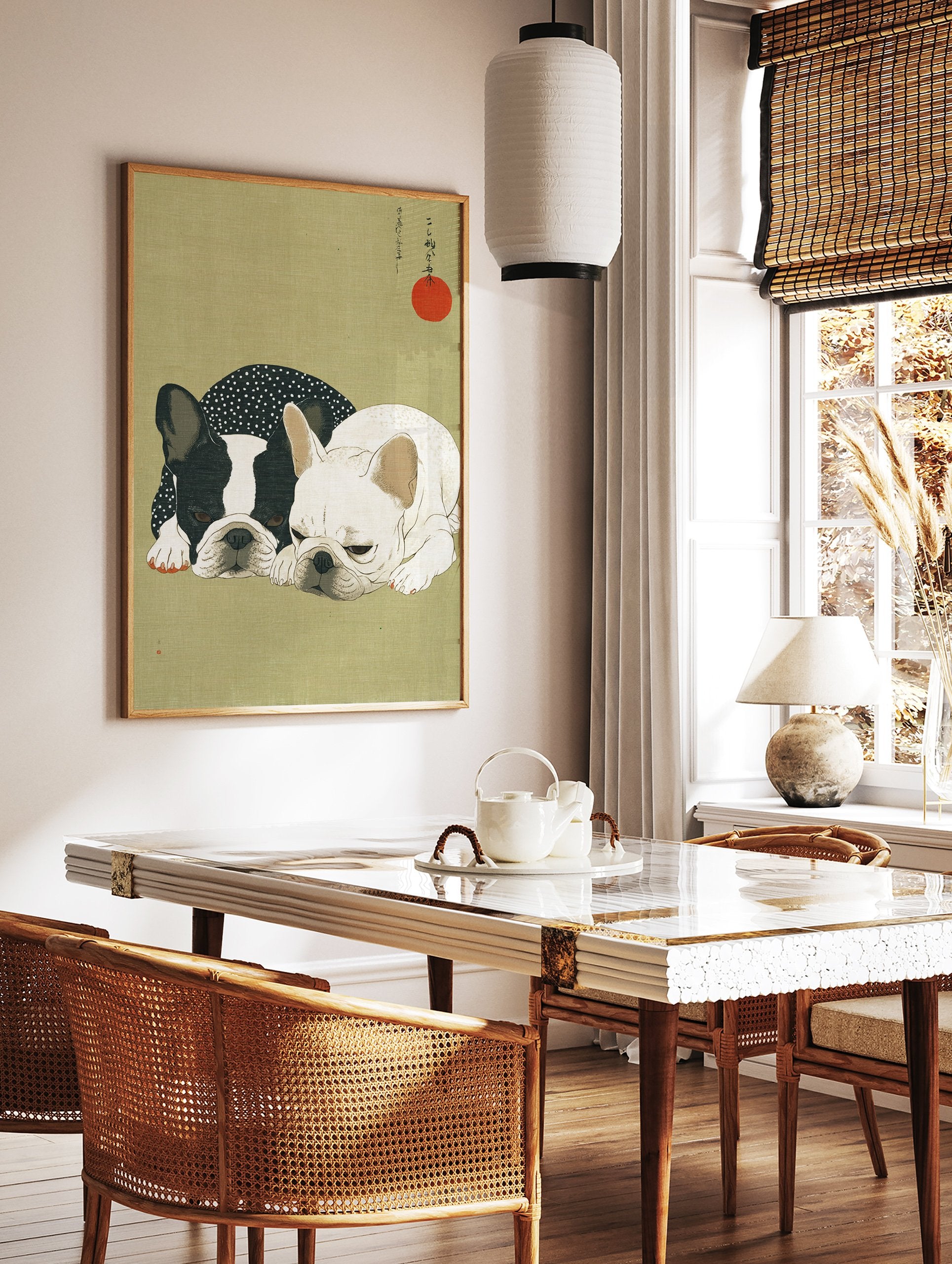 Japanese illustration of two French Bulldog wall art, one black and white, one white, on an olive green background with a red sun. - Image 2