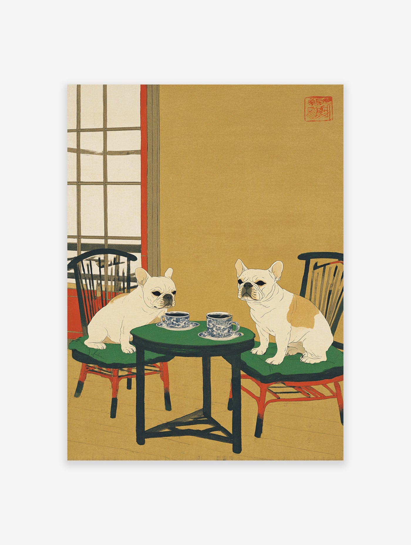 Two French Bulldogs sit at a table with teacups in a Japanese-style illustration, featuring a yellow background and red accents.