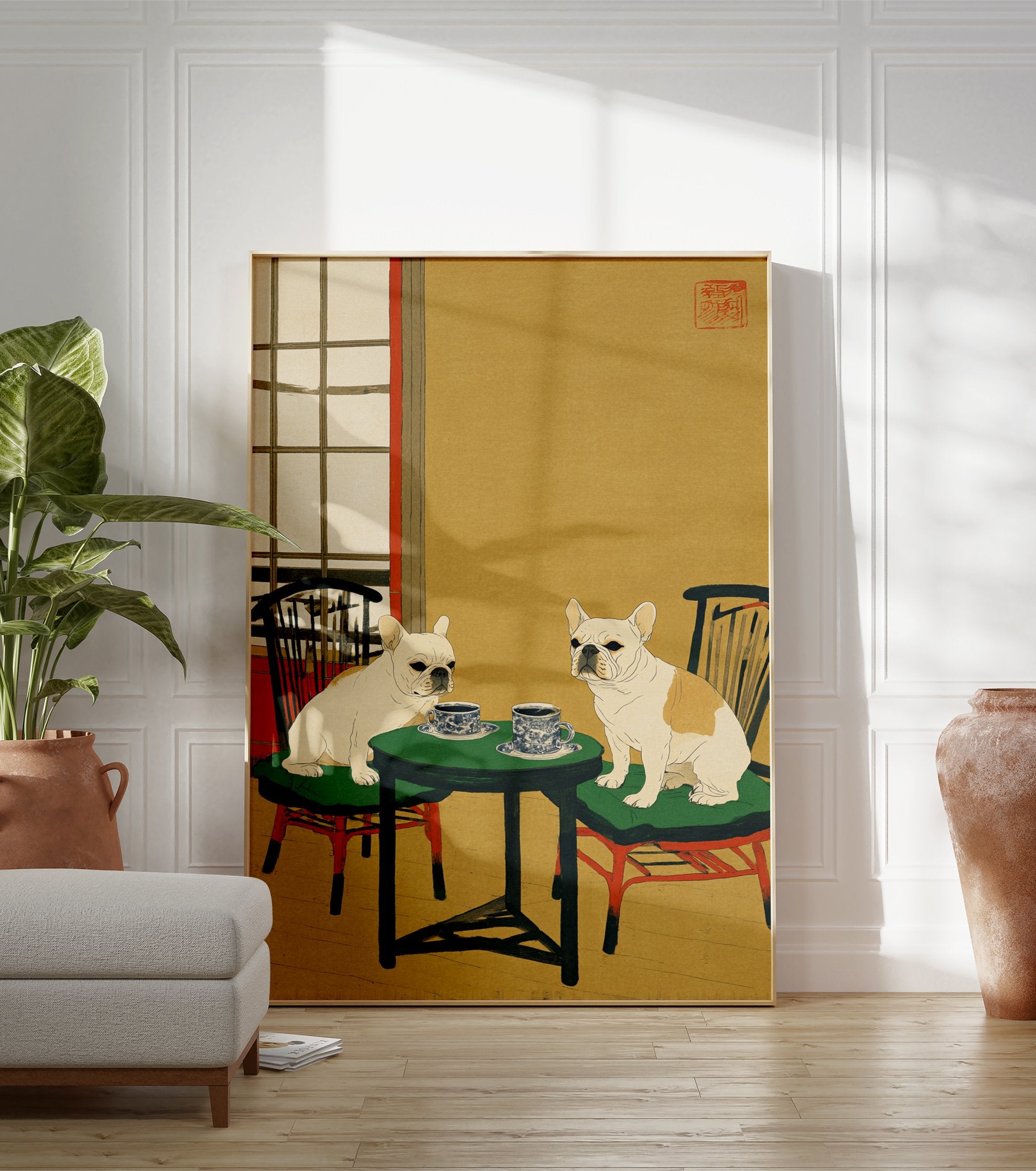 Two French Bulldogs sit at a table with teacups in a Japanese-style illustration, featuring a yellow background and red accents. - Image 3