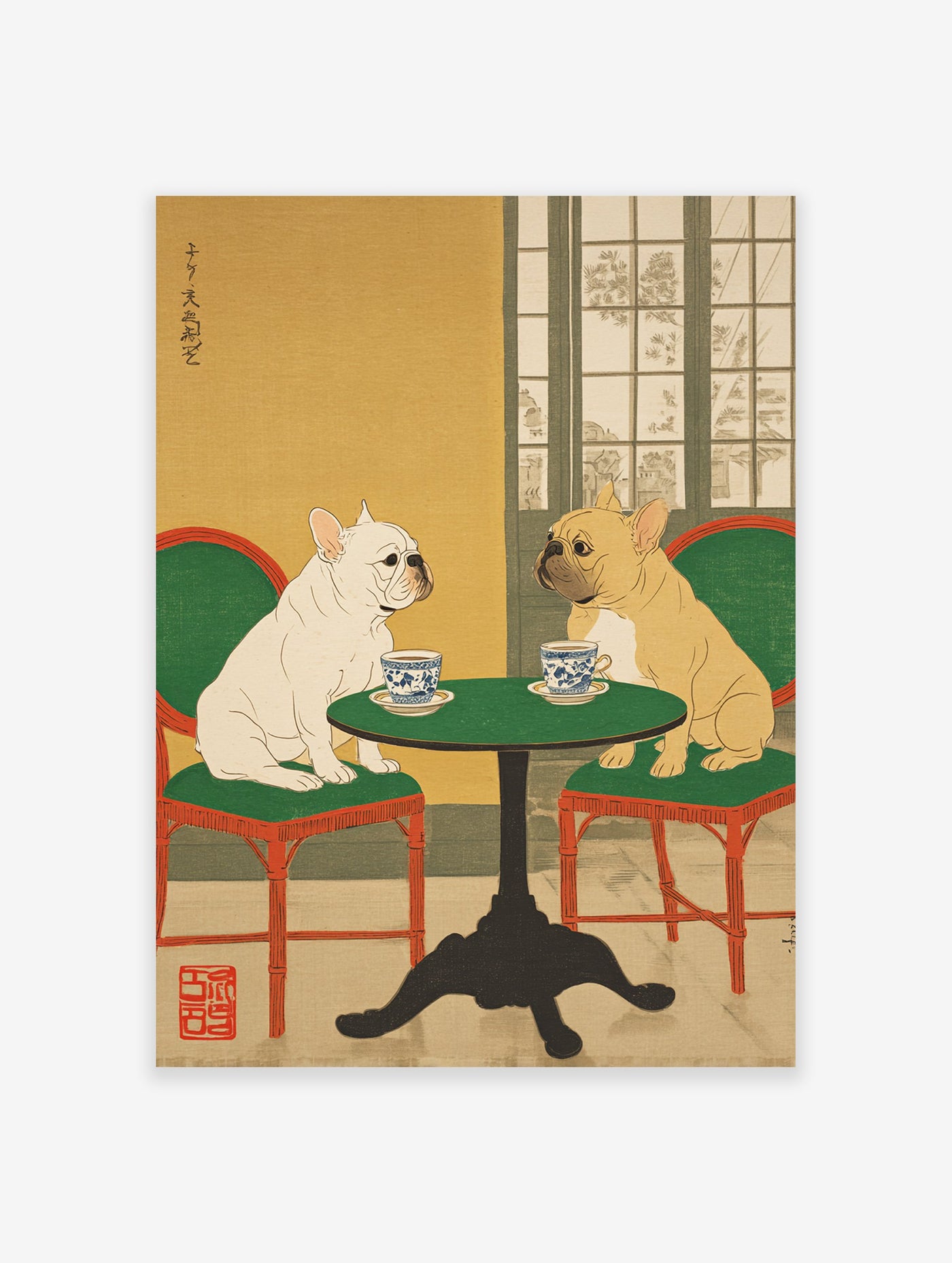 Japanese Ukiyo-e style French Bulldog wall art print showing two dogs at a green table with teacups.
