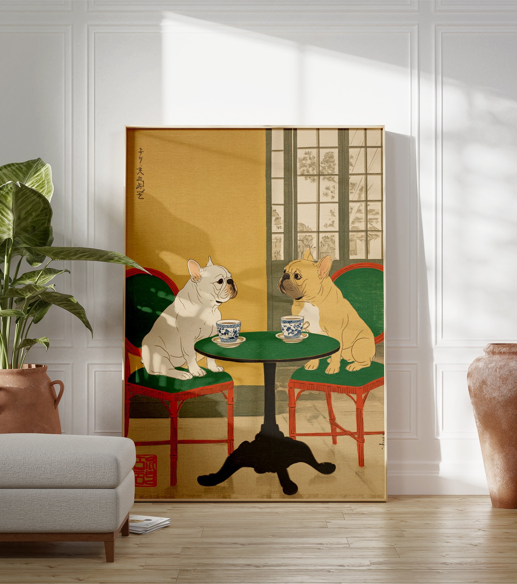 Japanese Ukiyo-e style French Bulldog wall art print showing two dogs at a green table with teacups. - Image 3