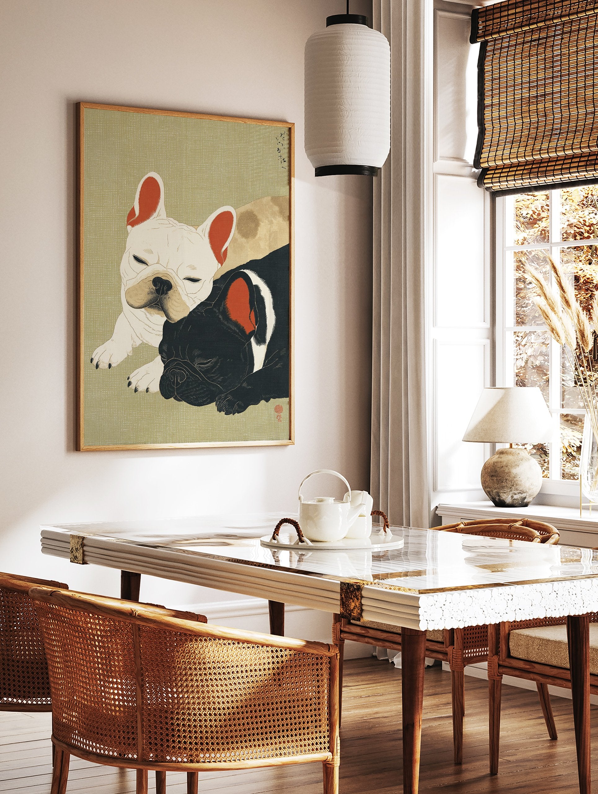 Japanese art style illustration of two sleeping French Bulldogs, one white and one black, on a light green textured background. - Image 2