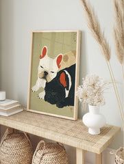 Japanese art style illustration of two sleeping French Bulldogs, one white and one black, on a light green textured background. - Image 3