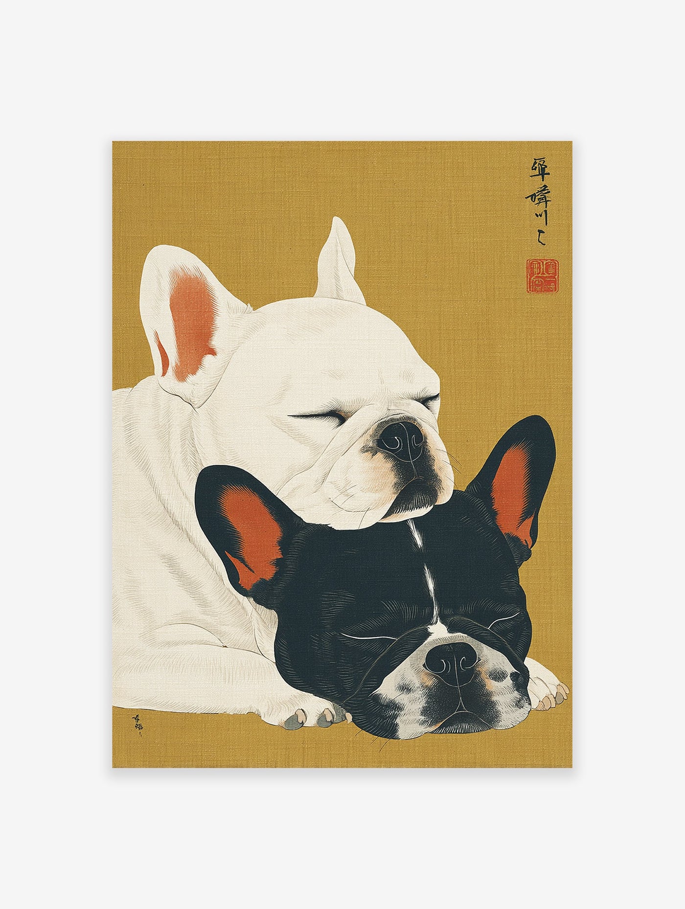 Japanese Ukiyo-e style French Bulldog wall art featuring two sleeping dogs, one white, one black and white, on a gold background.