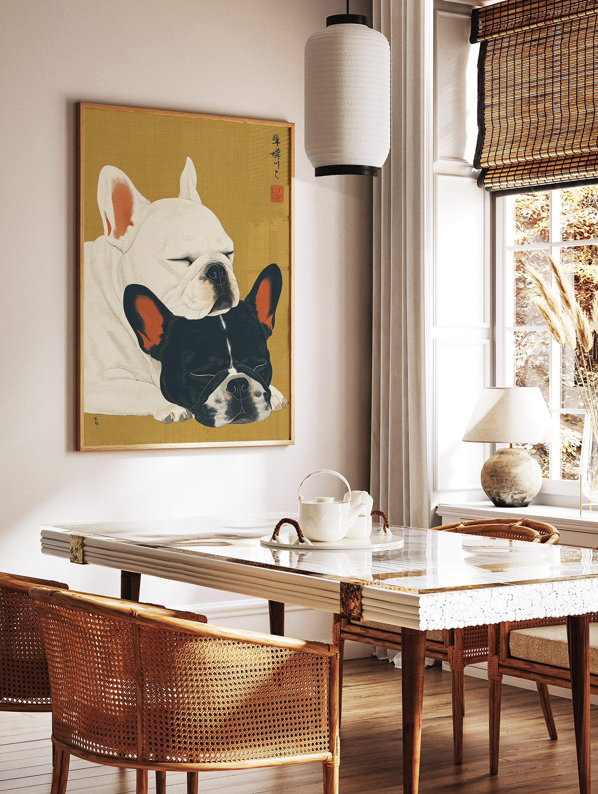 Japanese Ukiyo-e style French Bulldog wall art featuring two sleeping dogs, one white, one black and white, on a gold background. - Image 2