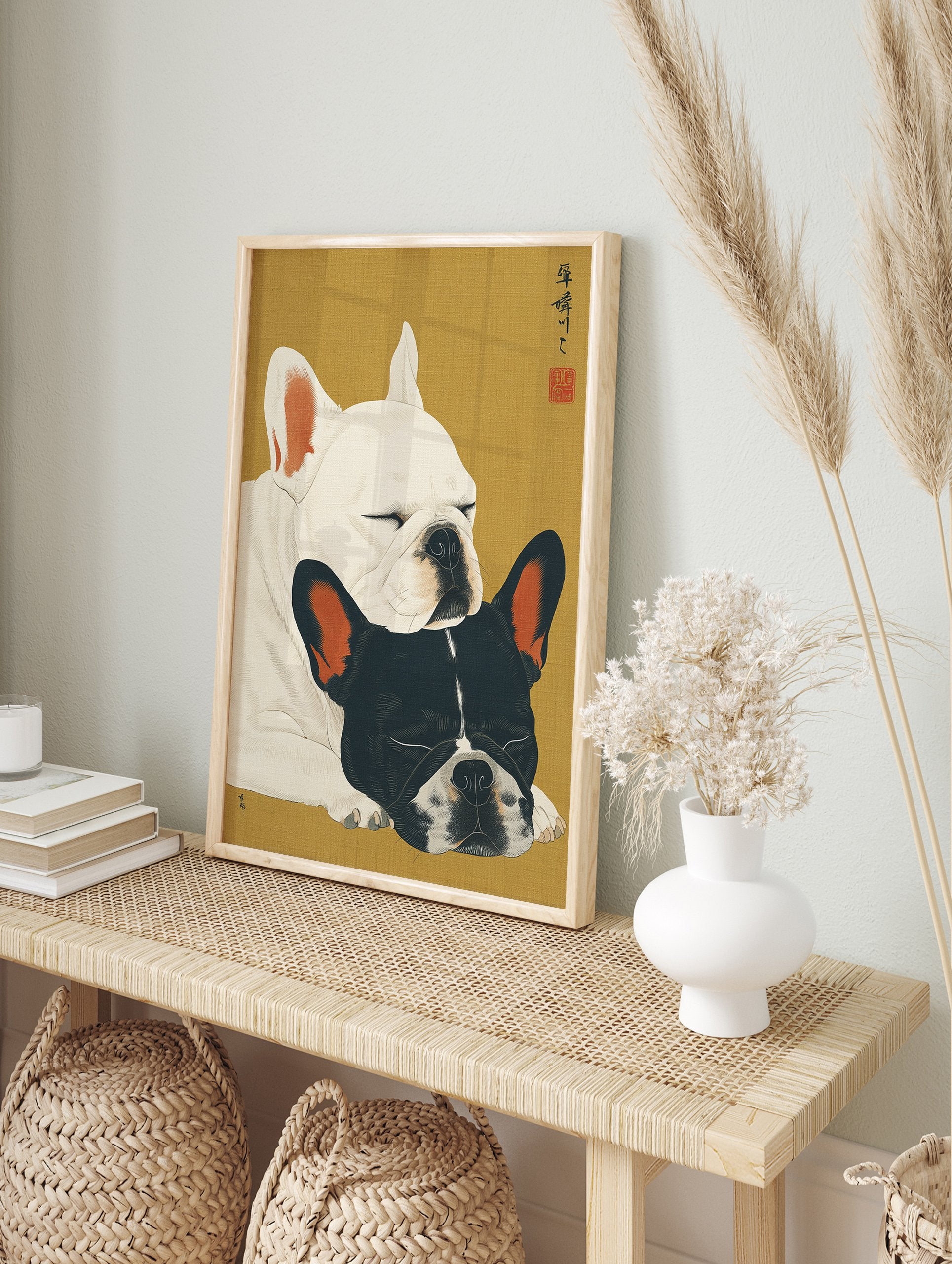 Japanese Ukiyo-e style French Bulldog wall art featuring two sleeping dogs, one white, one black and white, on a gold background. - Image 3