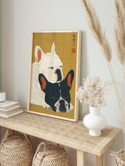 Japanese Ukiyo-e style French Bulldog wall art featuring two sleeping dogs, one white, one black and white, on a gold background. - Image 3