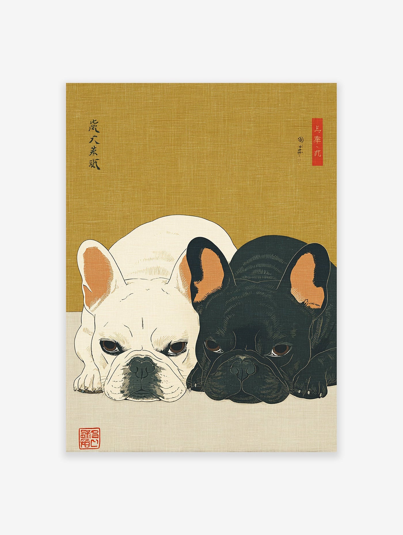 Ukiyo-e style French Bulldog wall art print featuring a white and black French Bulldog lying down on a light surface with a gold background.