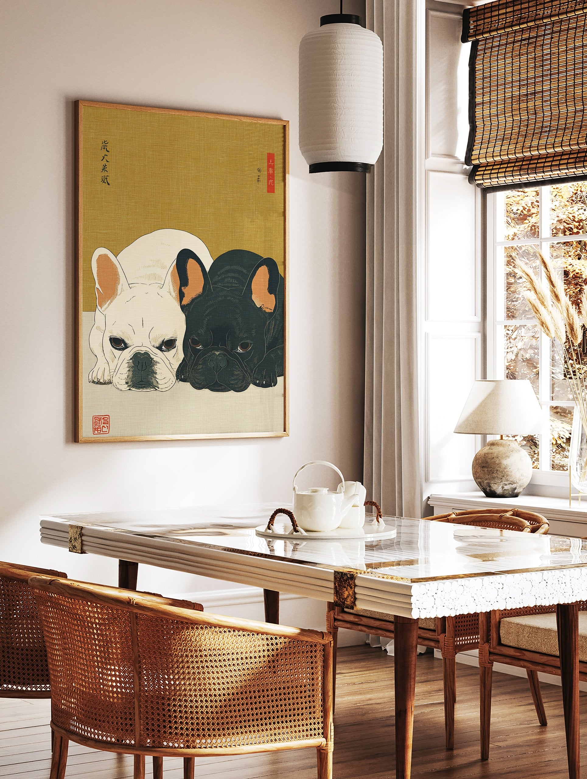 Ukiyo-e style French Bulldog wall art print featuring a white and black French Bulldog lying down on a light surface with a gold background. - Image 2