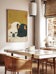 Ukiyo-e style French Bulldog wall art print featuring a white and black French Bulldog lying down on a light surface with a gold background. - Image 2