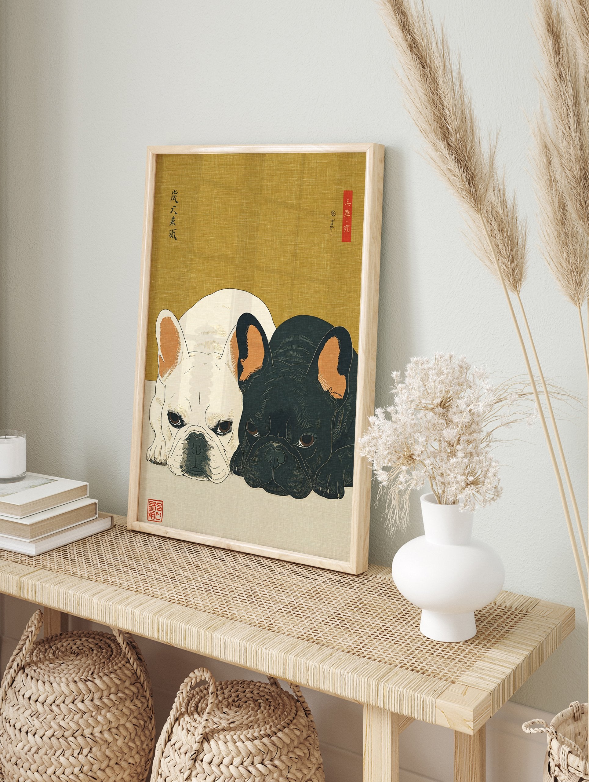 Ukiyo-e style French Bulldog wall art print featuring a white and black French Bulldog lying down on a light surface with a gold background. - Image 3