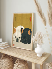 Ukiyo-e style French Bulldog wall art print featuring a white and black French Bulldog lying down on a light surface with a gold background. - Image 3