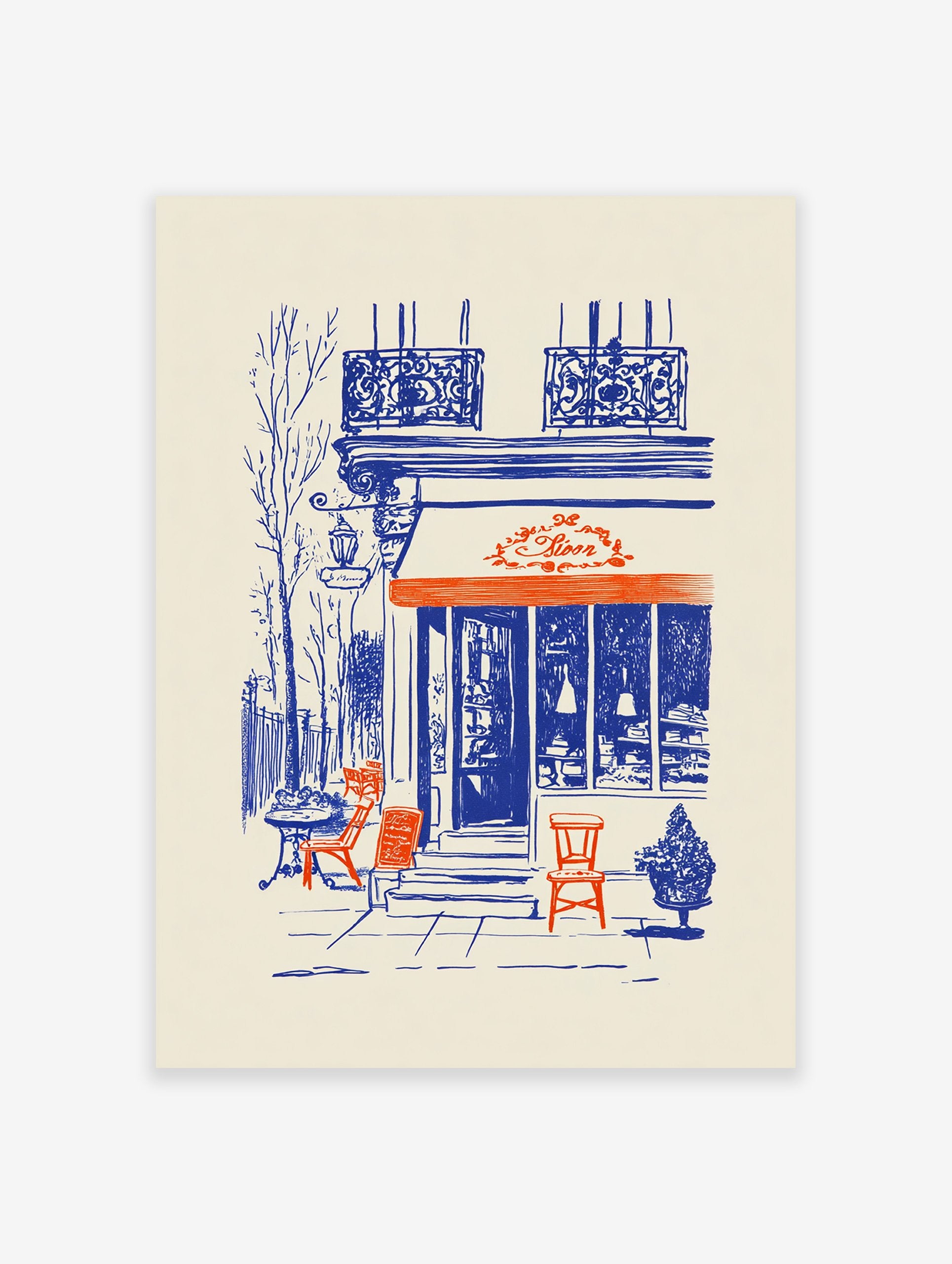 French cafe poster illustration with blue building, orange awning, and outdoor chairs in a city street scene.