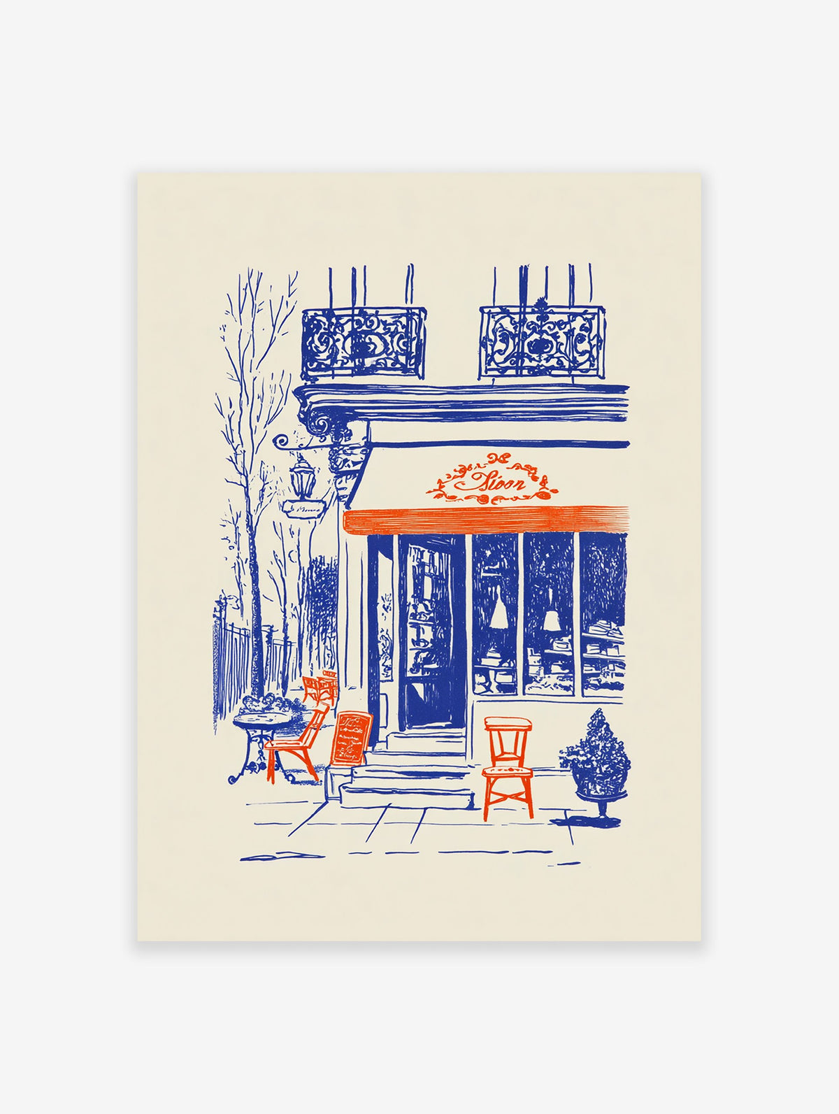 French cafe poster illustration with blue building, orange awning, and outdoor chairs in a city street scene.