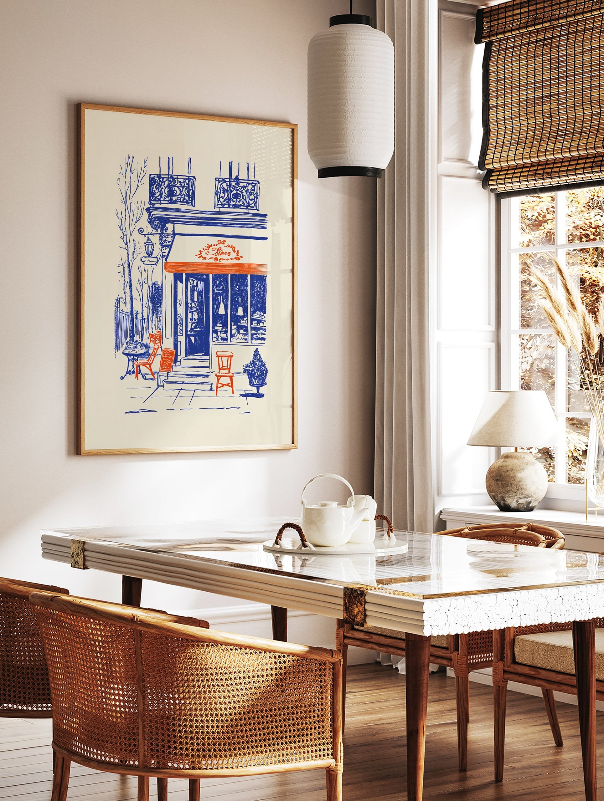 French cafe poster illustration with blue building, orange awning, and outdoor chairs in a city street scene. - Image 2